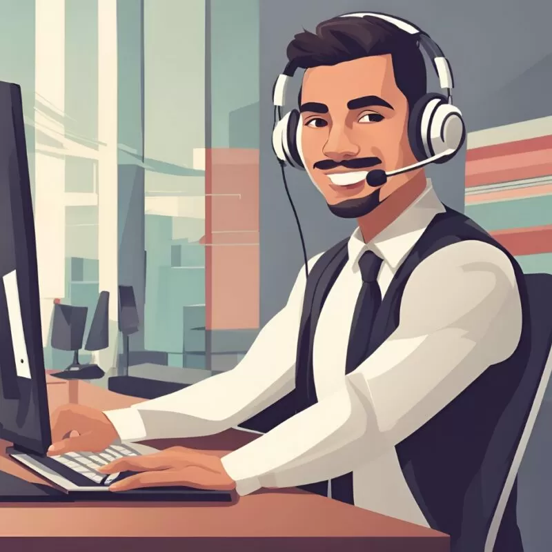 Professional Call Center Agent Smiling While Working At His Computer With A Headset On Providing Customer Service Support.