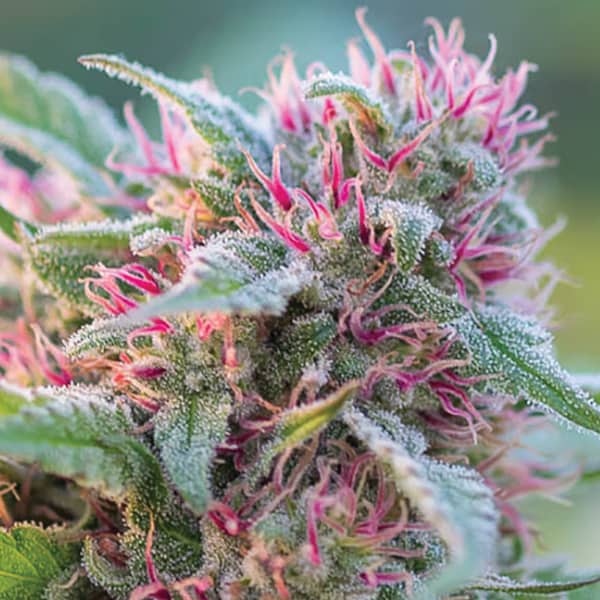 Panama Red Strain Autoflower Seeds Close-Up Of A Mature Panama Red Strain Autoflower Seeds Bud, Showcasing Its Frosty Trichomes And Vibrant Pink Pistils. Get Yours Today!