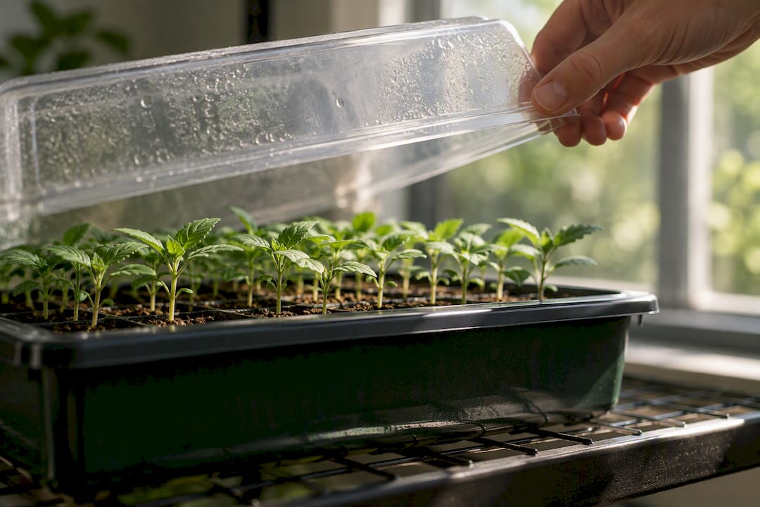 Growers: Checklist To Beat Seedling Damping Off, Seed Quality Proof Grower Venting Humidity Dome Above Seedlings
