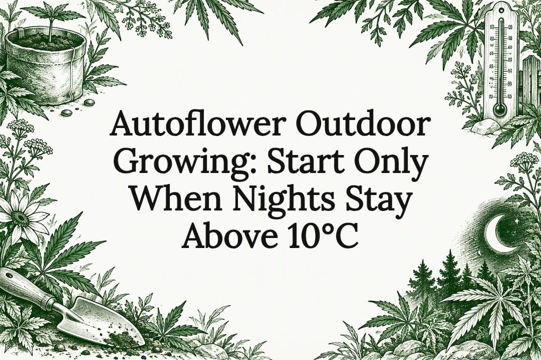 Autoflower Outdoor Growing: Start Only When Nights Stay Above 10°C Hand-Drawn Outdoor Autoflower Growing Title Card